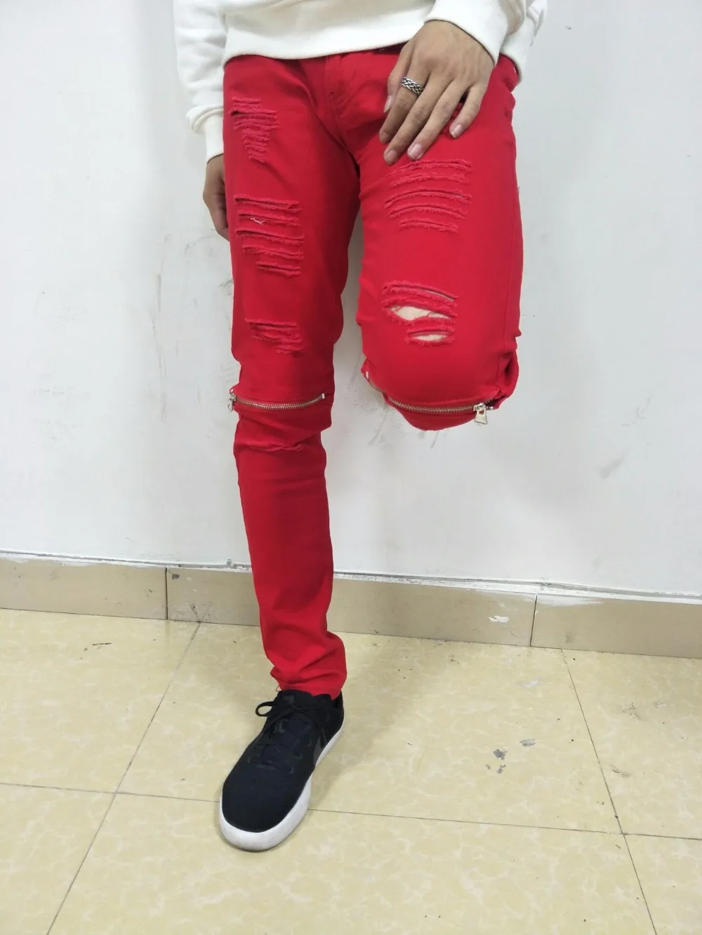 Новинка мужские белые рваные джинсы хлопковые потертые эластичные облегающие