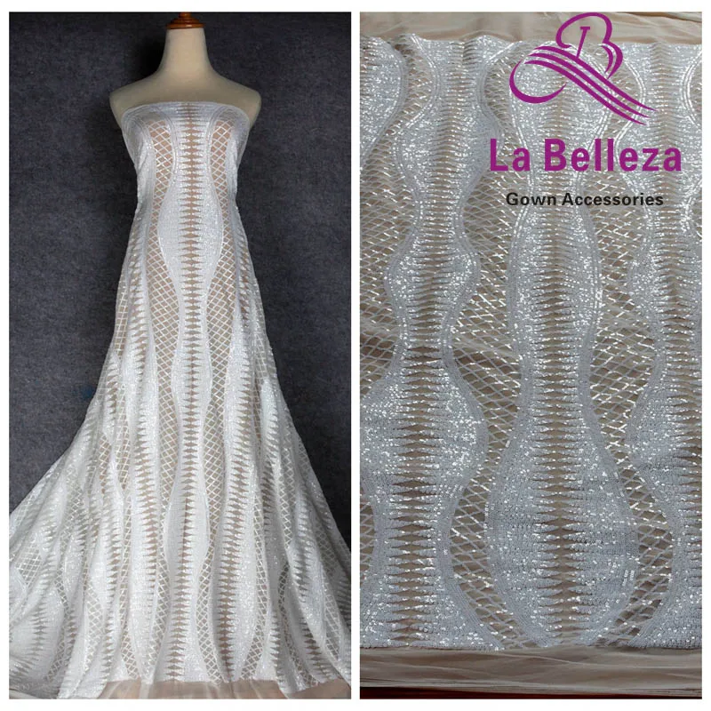 White La Belleza 1 ярд золото/зеленый/черный блёстки на стрейч сетки вышитые свадебное платье/вечернее платье кружевная ткань 51 ''ширина - Цвет: White