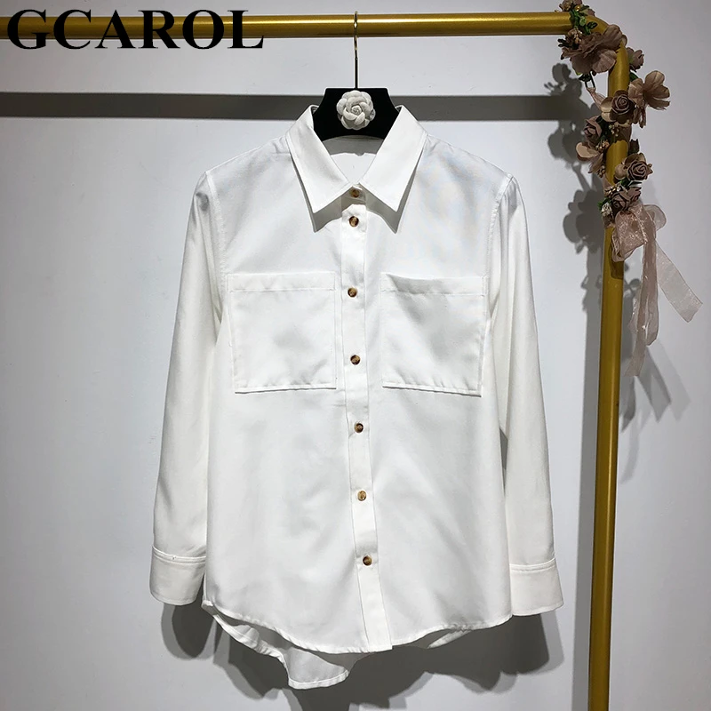GCAROL, новинка, женская блузка из хлопка и льна, 2 кармана, асимметричная, отложной воротник, OL, аккуратная, белая, базовые Топы