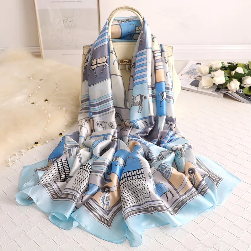 FS427.Blue Пончо женское парео Роскошный шелковый шарф для женщин дизайн печати путешествия пашмины шарфы женские пляжные шарфы-шали платок женский хиджаб обертывание - Цвет: FS427.Blue