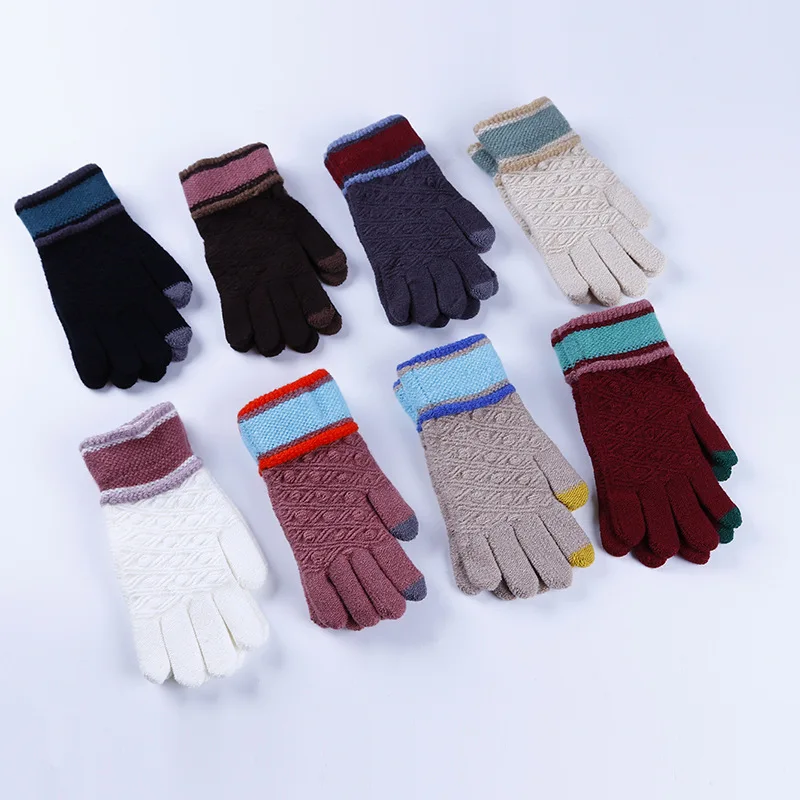 Зимние осенние женские вязаные перчатки для девушек разноцветные с сенсорным