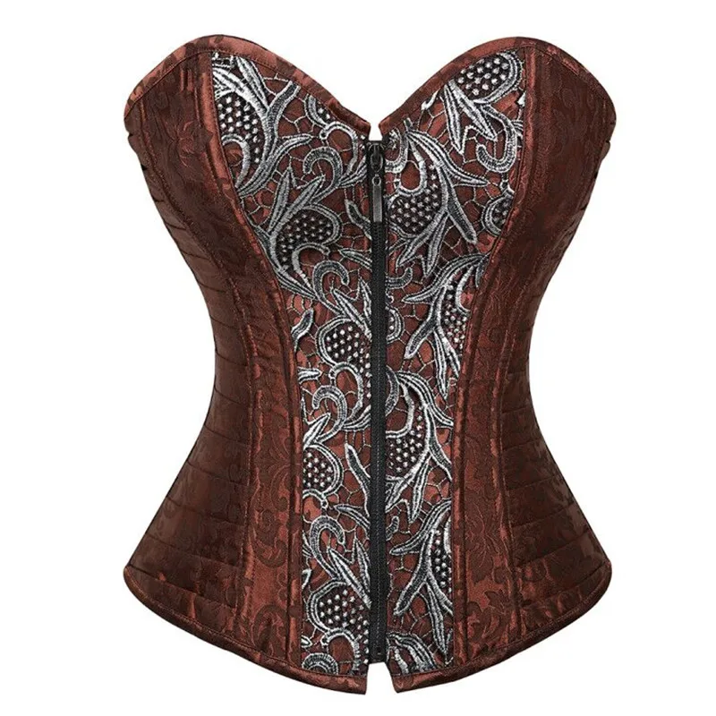 

Sapubonva plus size steampunk corset gotico punk brown overbust burlesque basque zip bustier corset leather lingerie top women