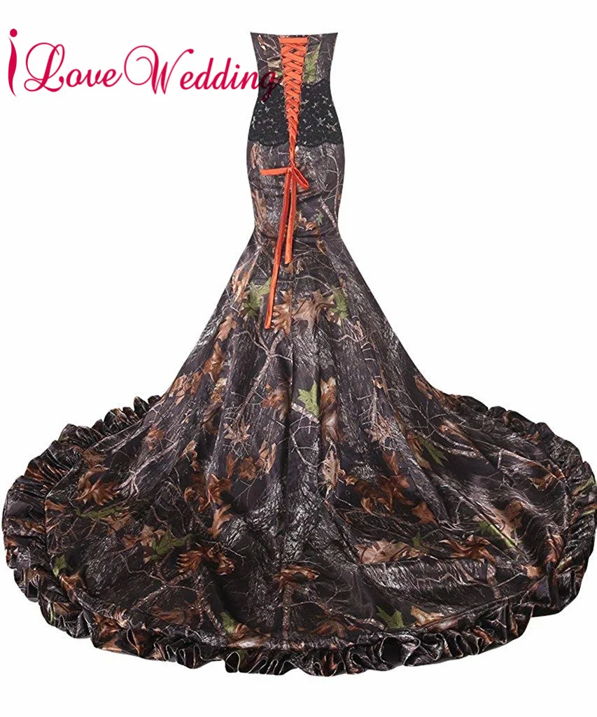 

Mermaid Camo Wedding Dresses Sleeveless Strapless Lace Applique Lace Up Camouflage Bride Bridal Gowns Vestido De Novia