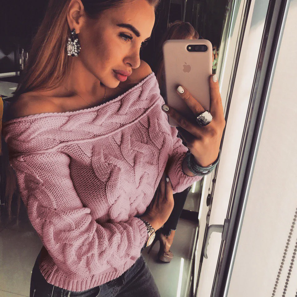 

8 Colour 2018 Autumn Knitted Sweater Women Sexy Off Shoulder Long Sleeve Tops Fashional Ladies Sweater Pullovers oversized