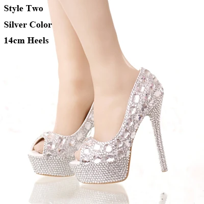 Style Two 14cm Heels Украшенная камнями серебристая свадебная обувь ручной работы украшенная стразами обувь для выпускного бала на платформе с открытым носком свадебные туфли на очень высоком каблуке - Цвет: Style Two 14cm Heels