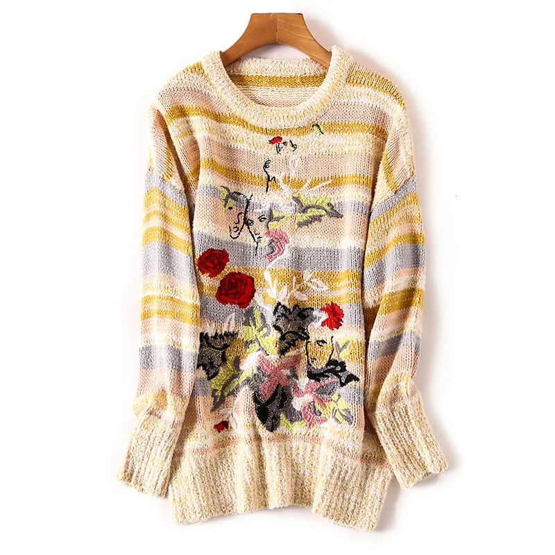 New Woolen Autumn Winter Stripped Sweaters Knitwear Women Luxury Vintage Floral Embroidery Sweater Ladies Knit Tops NS543 | Женская
