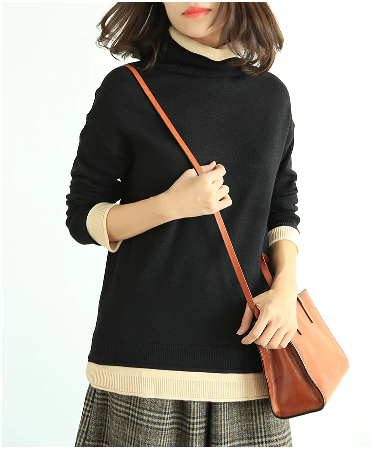 Retro hit color patchwork Fake two pieces pullover sweater Female | Женская одежда