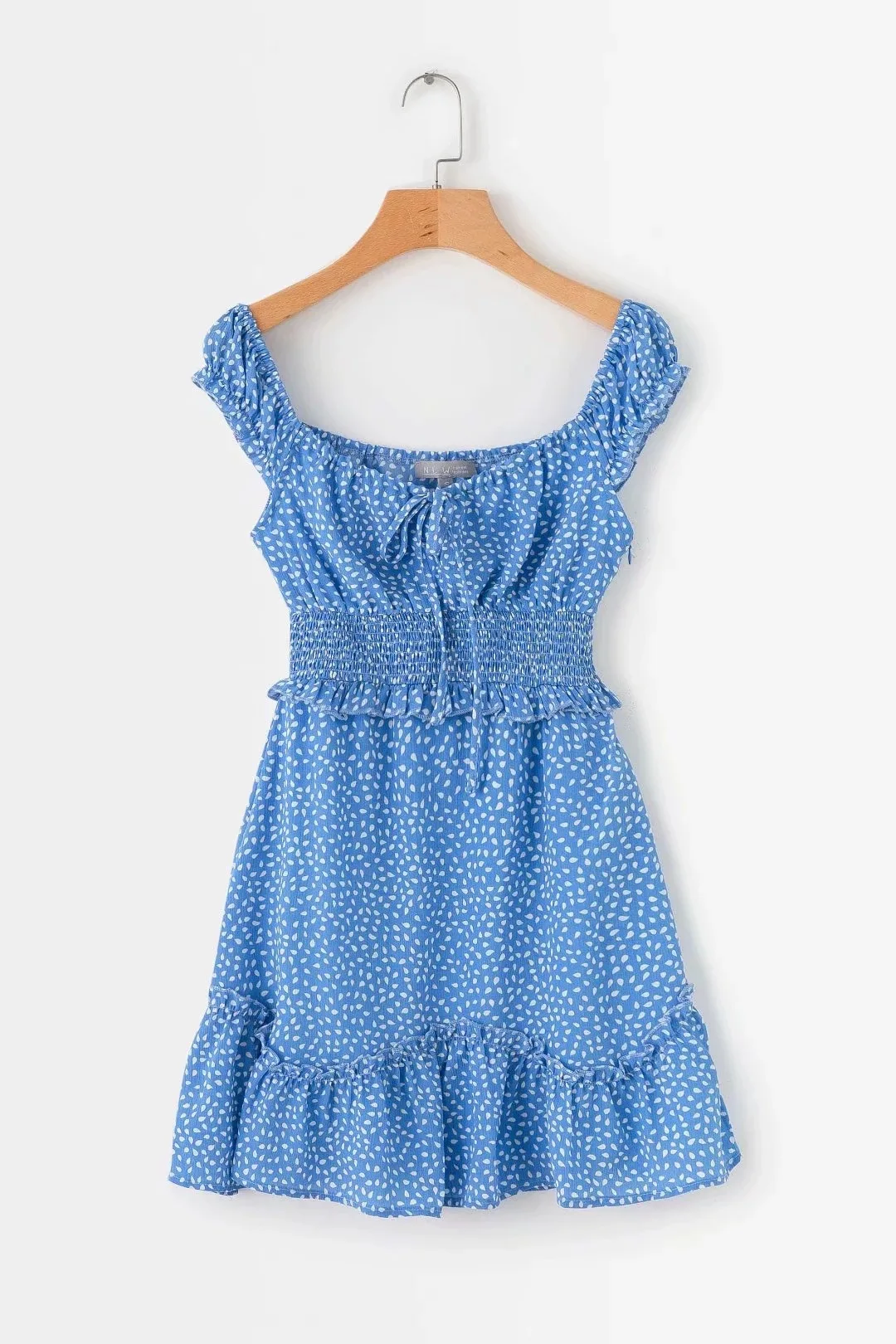 Женское винтажное короткое платье в горошек с высокой талией повседневное