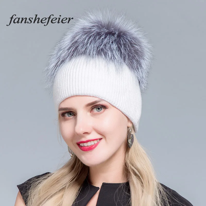 Зимние шапки Fanshefeier женские вязаные из шерсти с помпоном натурального меха енота