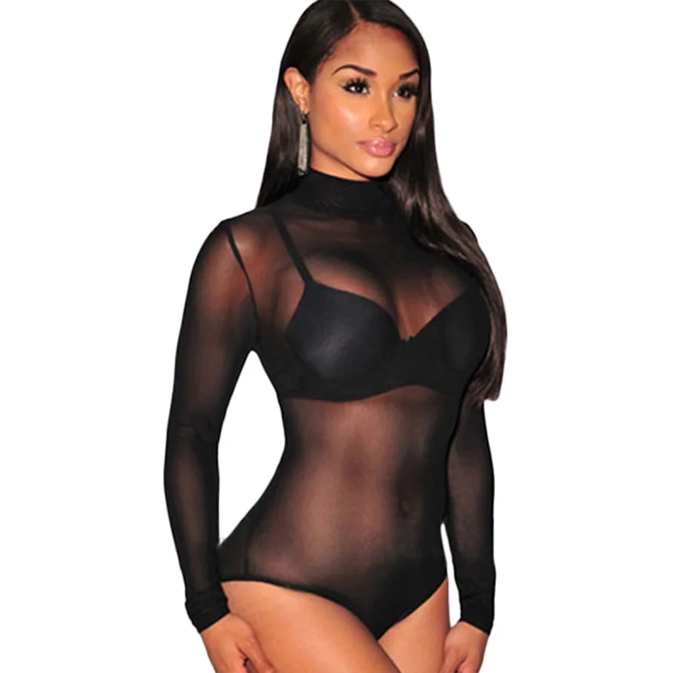 Белый С Длинным Рукавом Sexy Ню Боди Женщины Sheer Прозрачной Сетки Стринги Белье Боди Топ Комбинезон Комбинезон Женщин В Целом - Цвет: 3278 Black