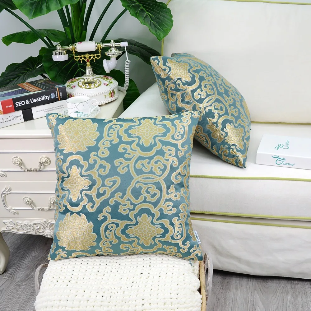 2PCS Square CaliTime Soft Throw Pillow Covers Cases for Couch Damask Floral Chain 18&quot X Teal | Дом и сад