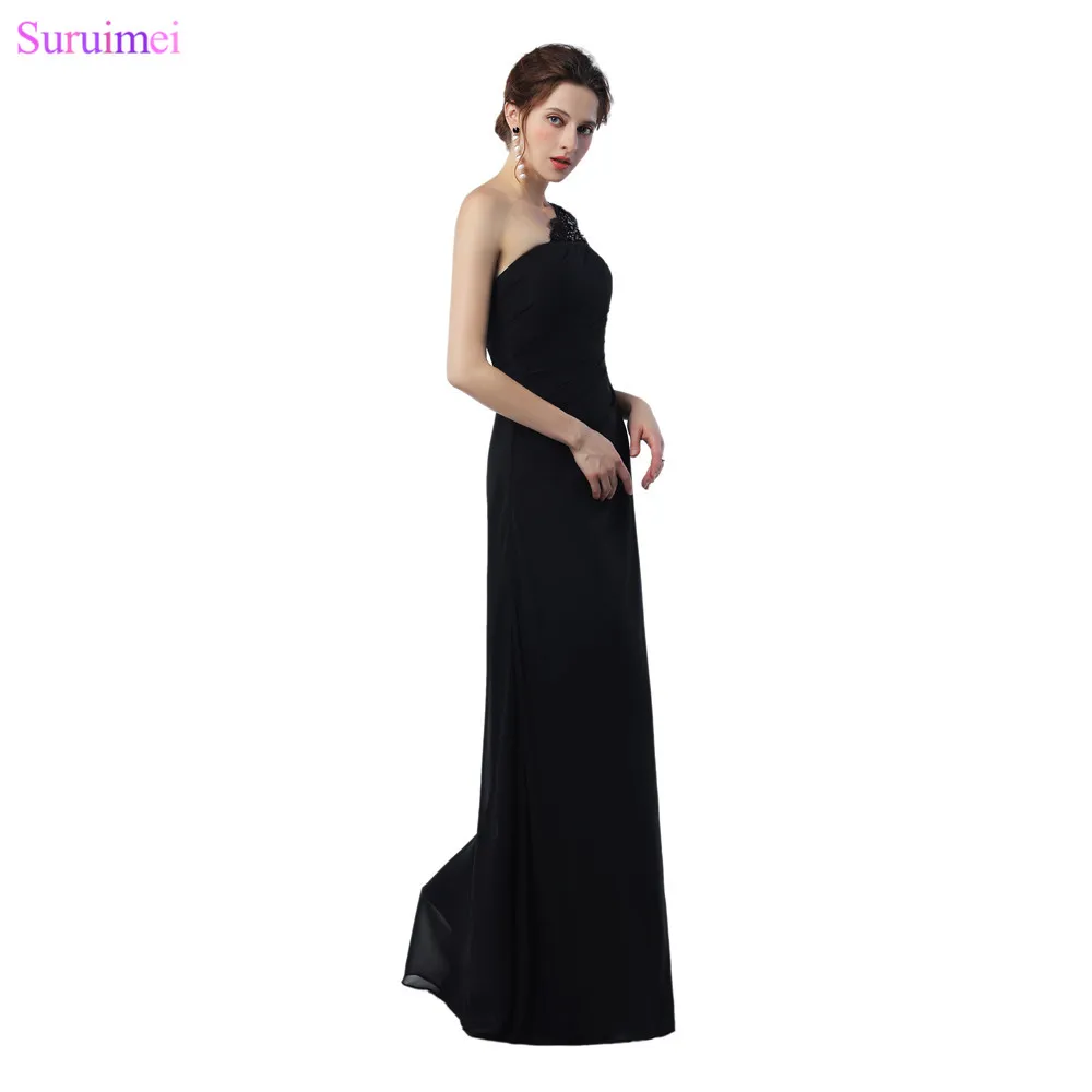 

Elegant Long Black Bridesmaid Dresses Applique One Shoulder Staps Floor Length Chiffon Girls Brides Maid Wedding Event Dresses