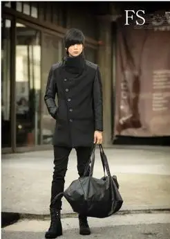 Черное шерстяное пальто средней длины для мужчин приталенный осенний