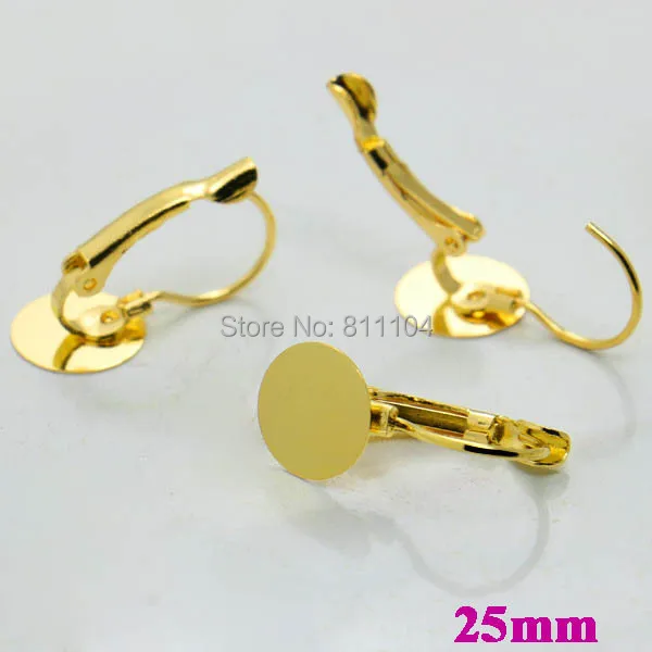 

25mm New Golden Flat Circle Pad Caps Bases French Style Clip Hook Earrings Settings Blank for 25mm CABs Cabochons Wholesale
