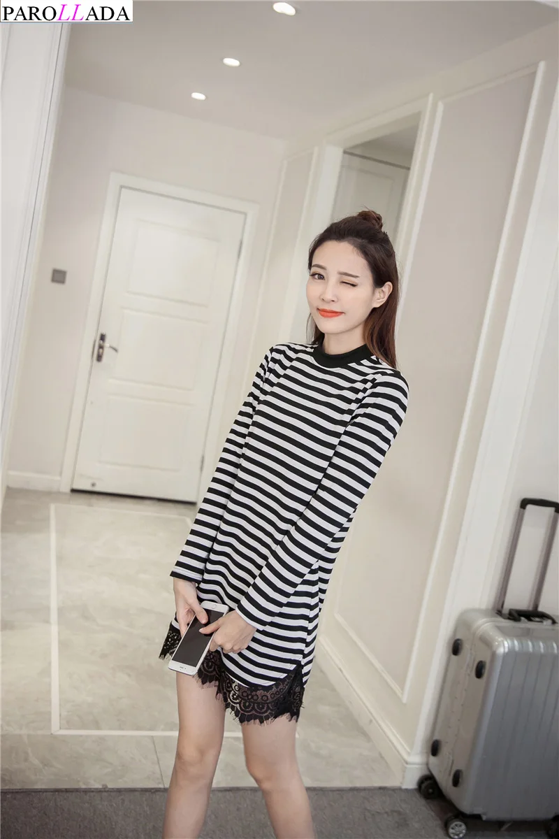 Parollada корейский платье-рубашка с длинными рукавами черного и белого цвета платье