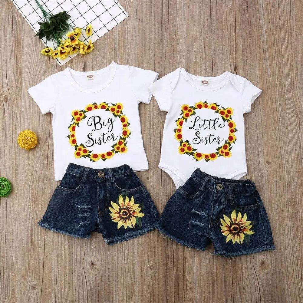 2019 Canis Summer Matching Newborn Kid Baby Little/Big Sister T-shirt Romper Shorts Outfit Clothes Sunflower Set 2Pcs | Мать и ребенок