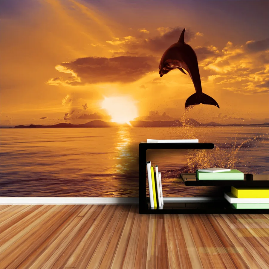 ShineHome Dolphin Jumping Sea Sunset Dusk Animal обои фрески рулоны для 3d стен 3 d гостиной обои|wallpaper