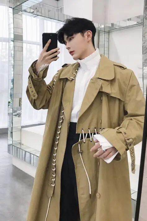 

bandage Mens trench coats man long coat men Hollow cross clothes Double-breasted irregularity overcoat long sleeve khaki black