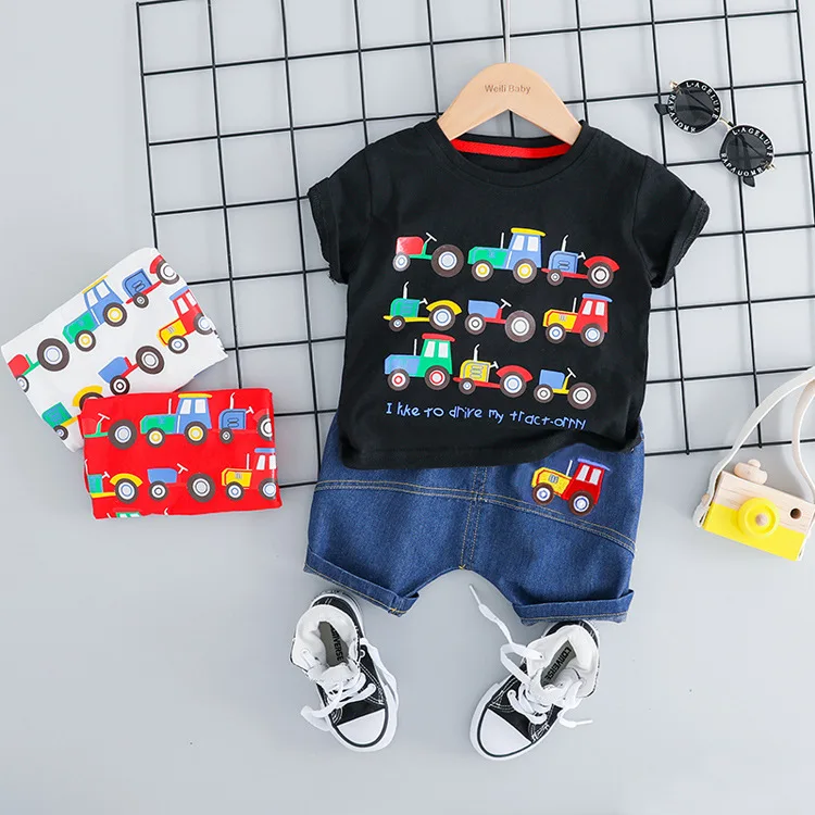Summer explosion children's clothing boy car printing short-sleeved T-shirt jeans two-piece tide Cotton clothes baby suit sets |