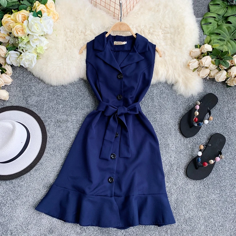 2019 Новое Элегантное платье без рукавов с одной пуговицей облегающее поясом мини