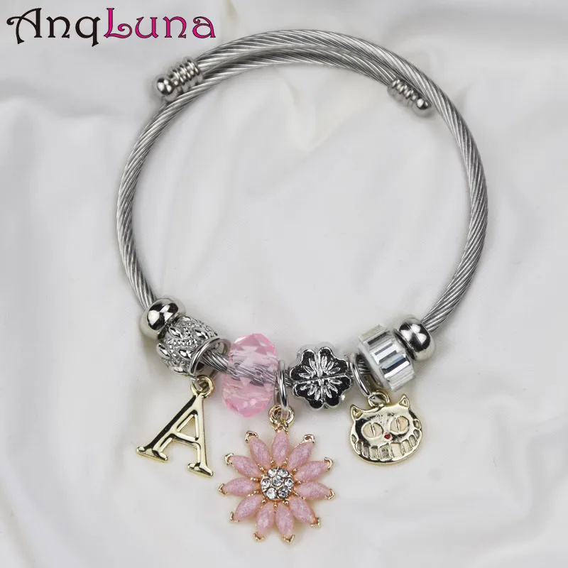 Trendy Pink Crystal Alloy Letter A Bracelets &amp Bangles Charm Flower Cat Pendant Stainless Steel Bracelet Fashion Jewelry Gift | Украшения