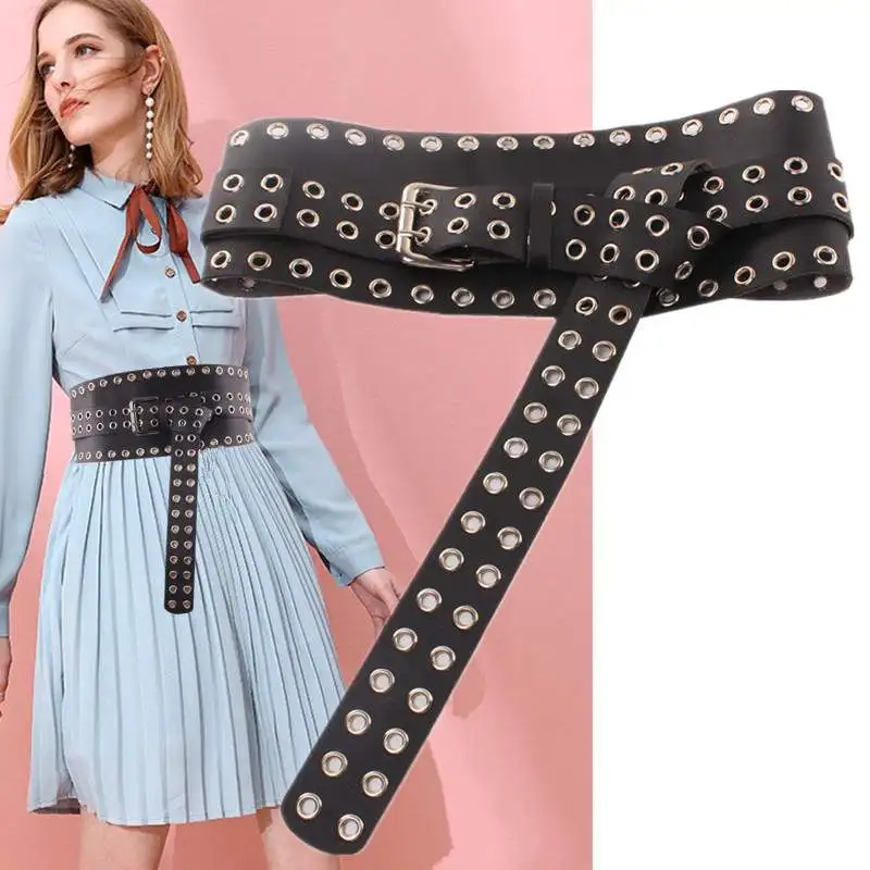 Женский широкий пояс из искусственной кожи облегающий черный Бандаж с люверсами