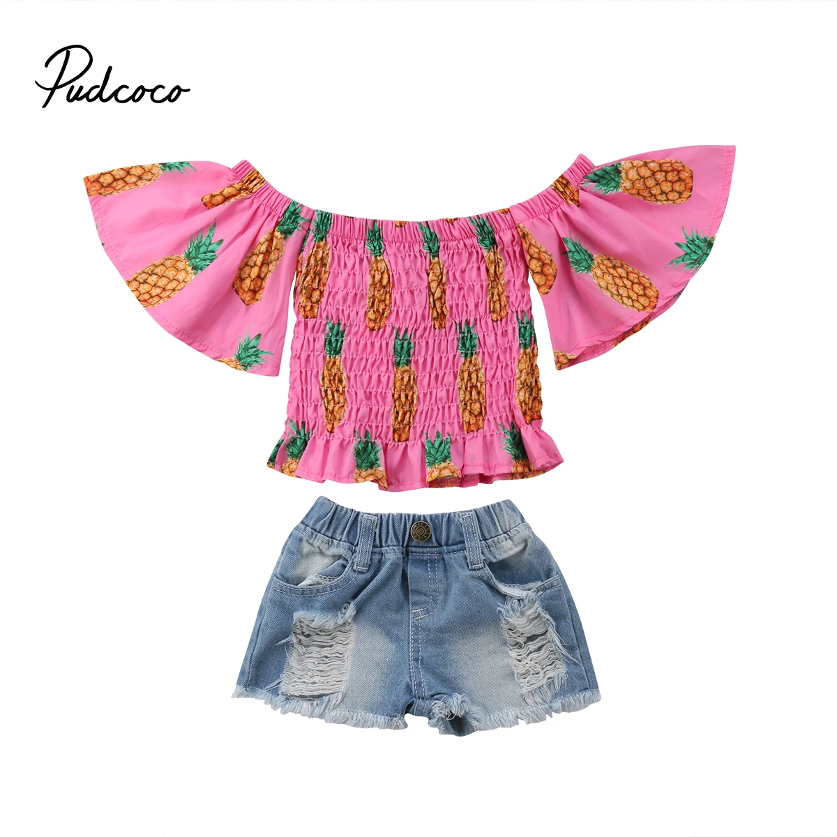 2 шт. детские джинсовые футболки с открытыми плечами и расклешенными