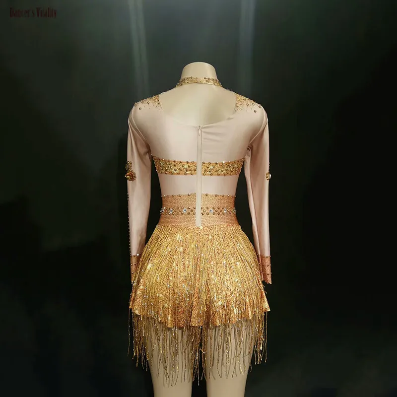 Sparkly Crystals Gold Jumpsuit Stretch Tassel Outfit Celebrate Bright Rhinestones Bodysuit Costume Female Singer Birthday Dress |