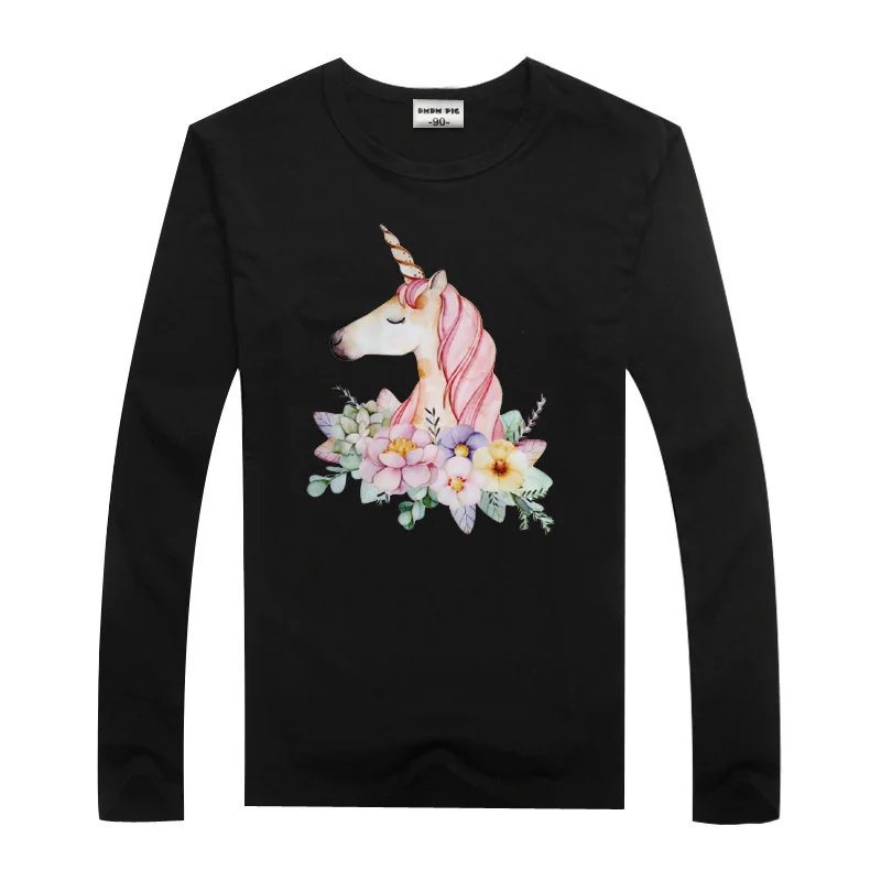 01Black DMDM Pig/хлопковая Футболка с единорогом; футболки с длинными рукавами для мальчиков и девочек; повседневные топы; футболки; сезон весна-осень; детская одежда - Цвет: 01Black