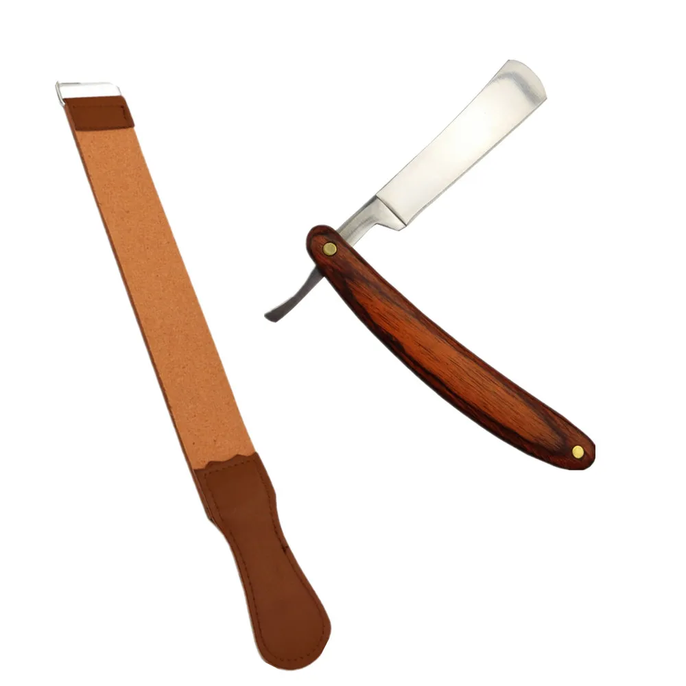 Винтажная ручная бритва с деревянной ручкой + полотно строп из коровьей кожи для