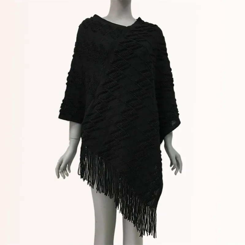 Модный весенний женский белый свитер Дамское пончо с кисточками длинный вязаный