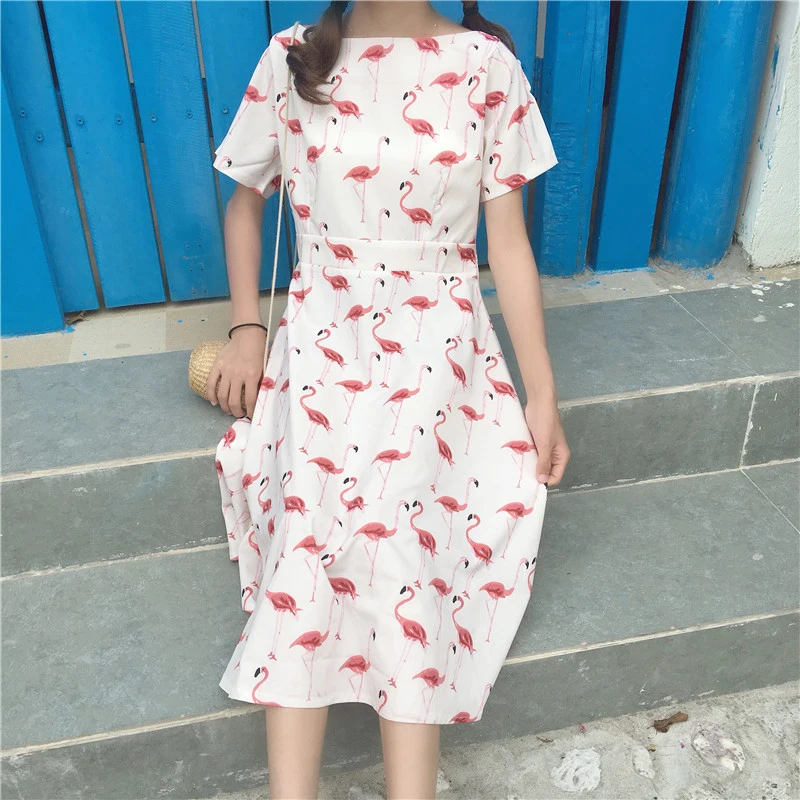 Rugod Swan Print Midi Dress 2017 Women Short Sleeve O-neck Cotton Boho Femme Summer Casual Party Beach Vestidos | Женская одежда