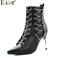eokkar 2020 thin high heel women ankle boots chain pointed toe all match zipper elegant solid winter ladies boot size 34 43