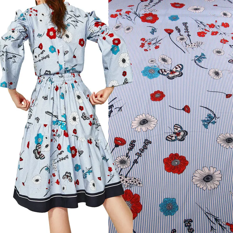 Полосатая ткань с цветочным принтом 100% хлопковая для женщин Платье или блузка