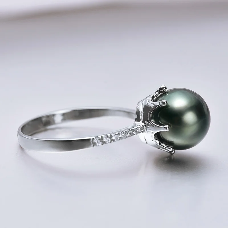 

[YS] Crown Design Ring 925 Sterling Silver 8-9mm Natural Black Tahitian Cultured Pearl Ring