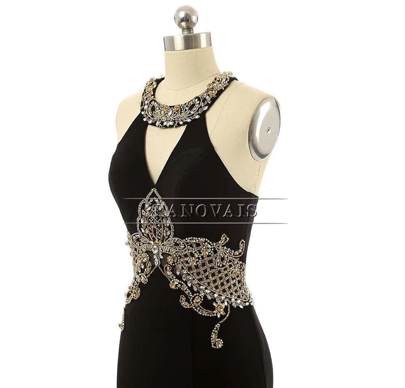 Настоящая фотография Черный Русалка вечернее платье Холтер Кристалл из бисера