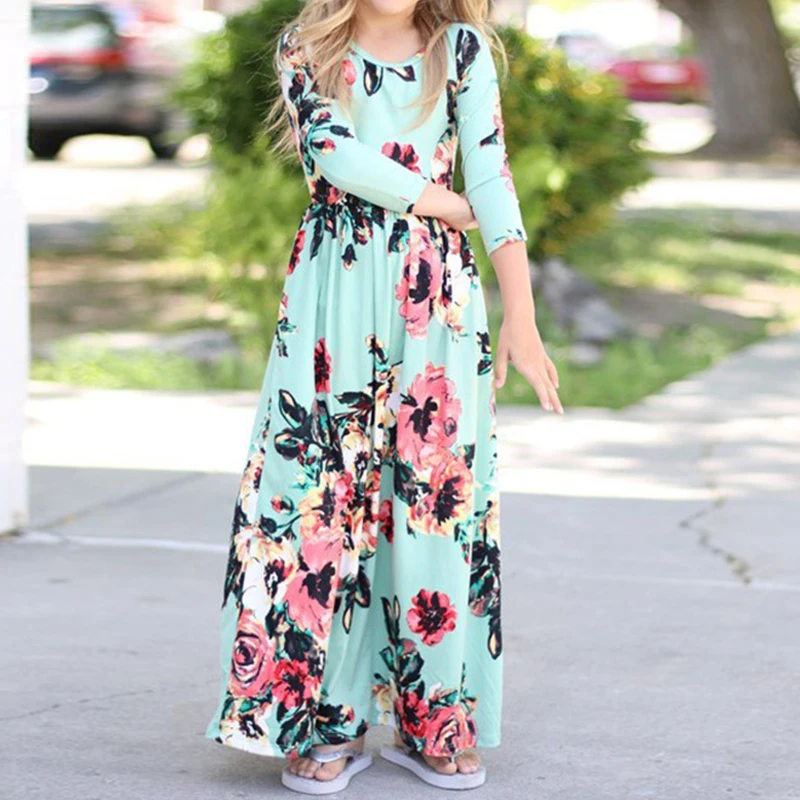 PatPat Girl's Pretty Floral Printed Long Sleeve Maxi Dress Round Neck Half Sleeves And Ankle-Length | Детская одежда и обувь