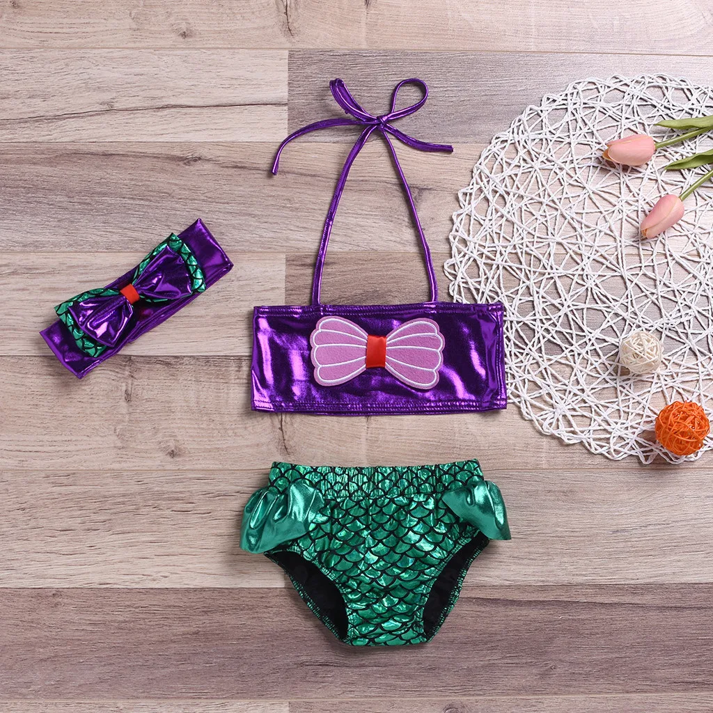 2019 Summer Toddler Kids Girl Bow Two-piece Swimwear Fluorescent Fish scale printed Halter Swimsuit Bathing Suit Hairband Set | Мать и