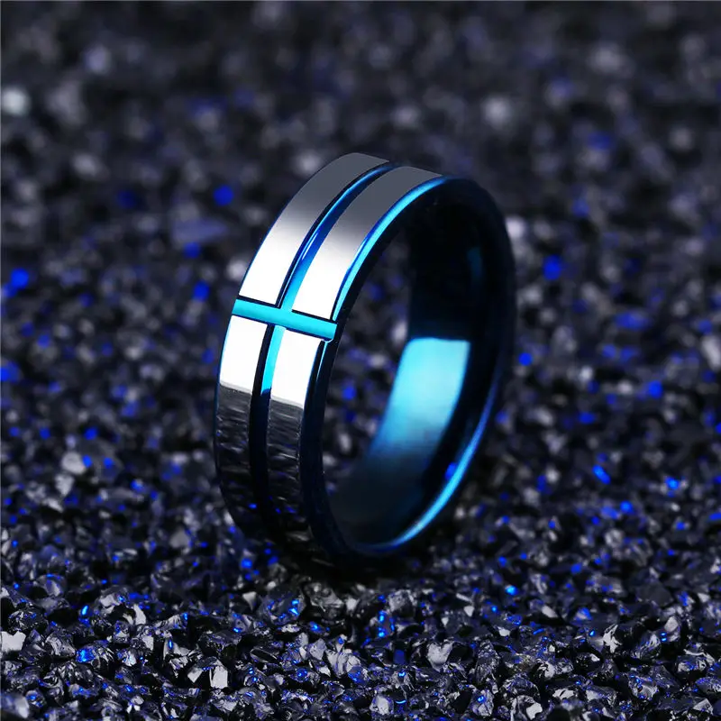 V.YA Unique Tungsten Men Cross Rings Wedding Engagement Promise Band Blue Color DIY Custom Male Jewelries Party Gifts Drop Ship | Украшения