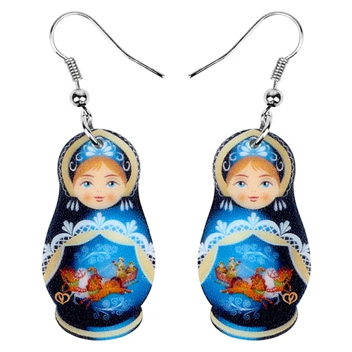 Bonsny Acrylic Cute Russian Doll National Culture Printing Earrings Drop Dangle Fashion Jewelry For Women Girls Teens Gift - Окраска металла: Multicolor