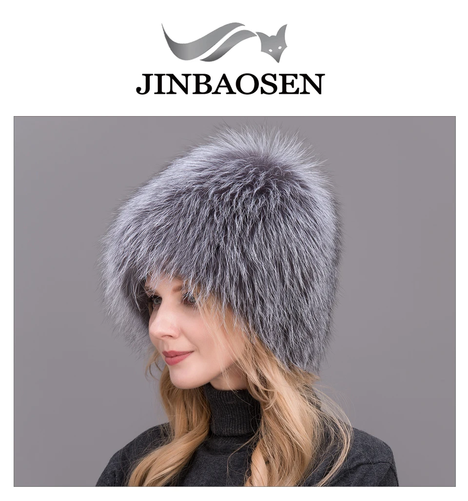 JINBAOSEN женская зимняя меховая шапка из натурального Лисьего меха, вязаная шапка из меха серебристой лисы, Женская Русская Шапка bomer