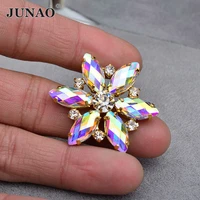 junao 2pcs 36mm big crystal ab flower rhinestone sew on glass strass applique gold claw crystal stones for dress shoes crafts