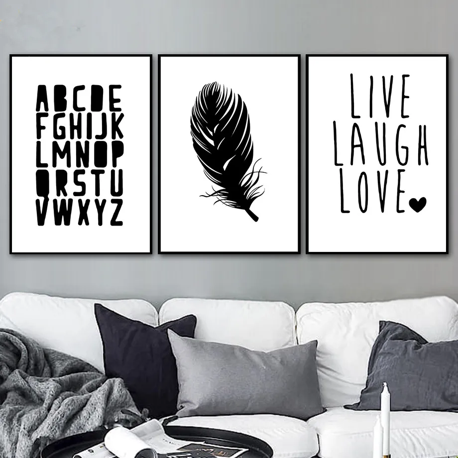 Alphabet Feather Quotes Love Wall Art Canvas Painting Nordic Posters And Prints Black White Pictures For Living Room Decor | Дом и сад