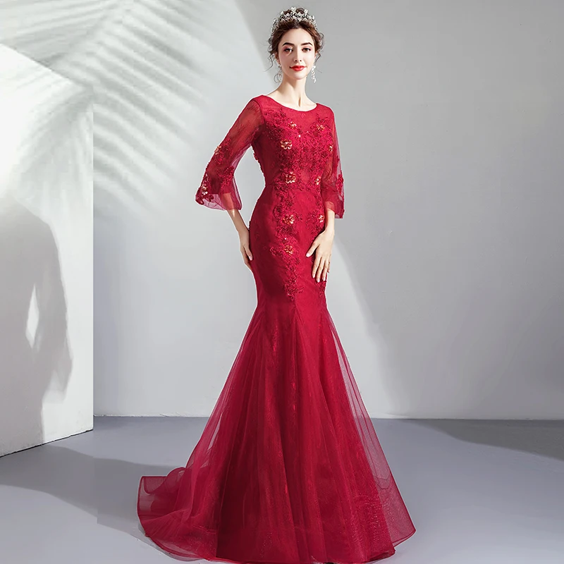 Elegant Burgundy Evening Dresses Three Quarter Length Sleeves Formal Party Gowns Mermaid Style Wedding | Свадьбы и торжества