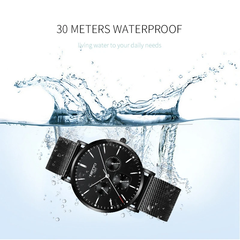 Мужские часы NIBOSI тонкие сетчатые водонепроницаемые минималистичные наручные