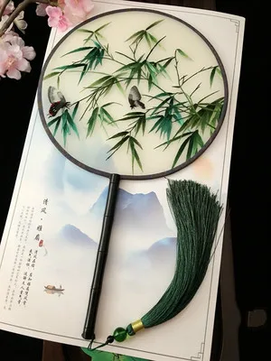 Bamboo 2 Su вышивка шелк двухсторонняя ручная вышивка круговой Вентилятор китайский стиль с длинной ручкой круговой вентилятор подарок в античном стиле вентилятор - Цвет: Bamboo 2