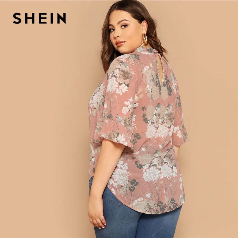 SHEIN Размера Плюс Цветочный Топ Со Стоячим Воротником Женская Летняя Розовая Элегантная Блузка С Средним Рукавом И Стоячим Воротником