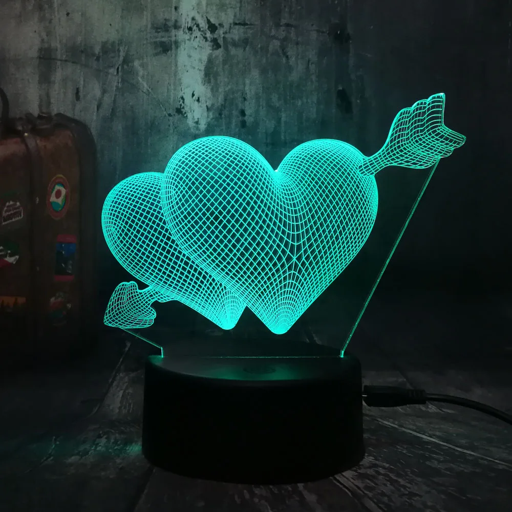 Романтическая любовь 3D стрелка через сердце светодиодный Ночной светильник Настольная лампа Свадебные Украшения в спальню для влюбленных и пара и лучшим подарком