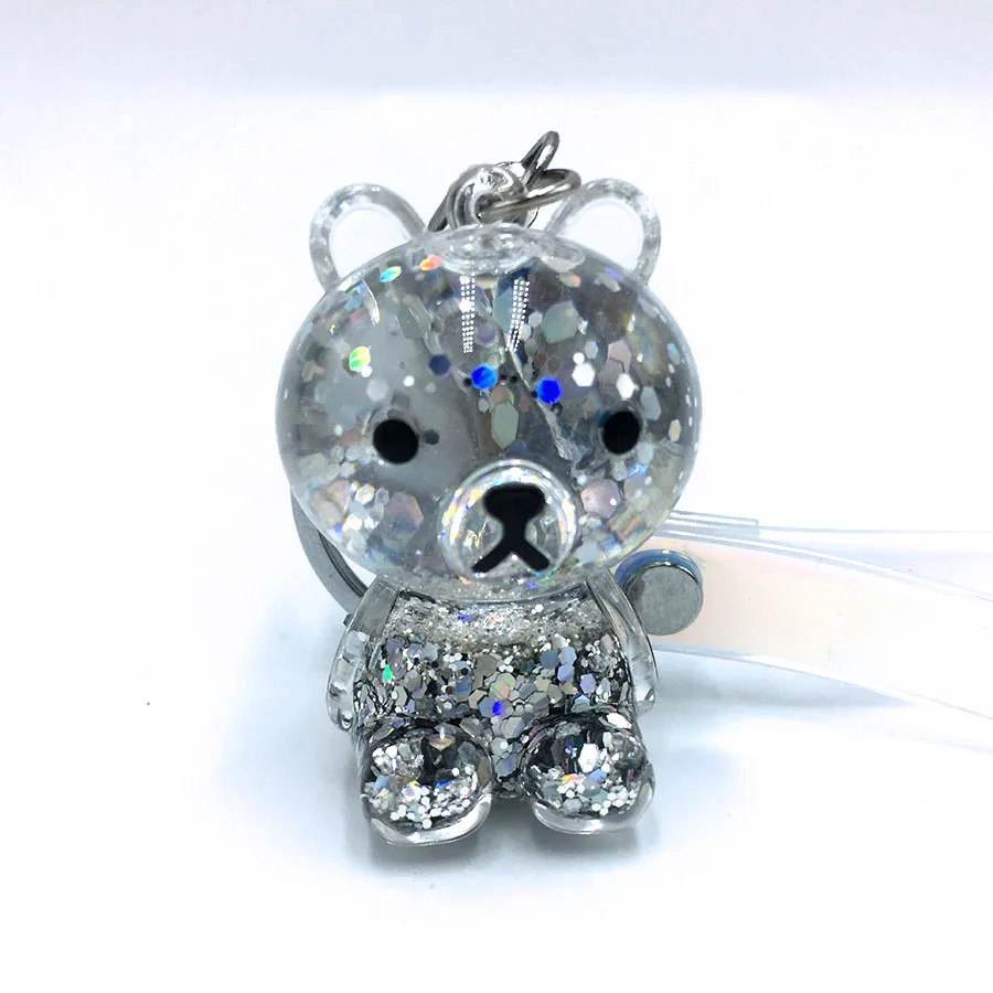 Style 1 Silver Акриловый брелок с рисунком медведя из мультфильма, блестящий зыбучий песок, брелок для ключей, жидкое кольцо для ключей на рюкзак, подвеска для пар, для женщин и мужчин, Подарочный Брелок - Цвет: Style 1 Silver