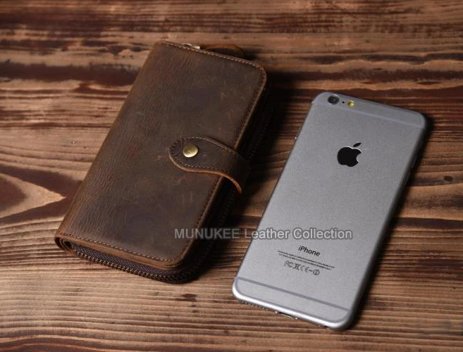 Vintage Crazy horse Genuine Leather Men Wallet Men Purse Leather Wallet male  Purse Long style Clutch Bag Coin bag Money Clips